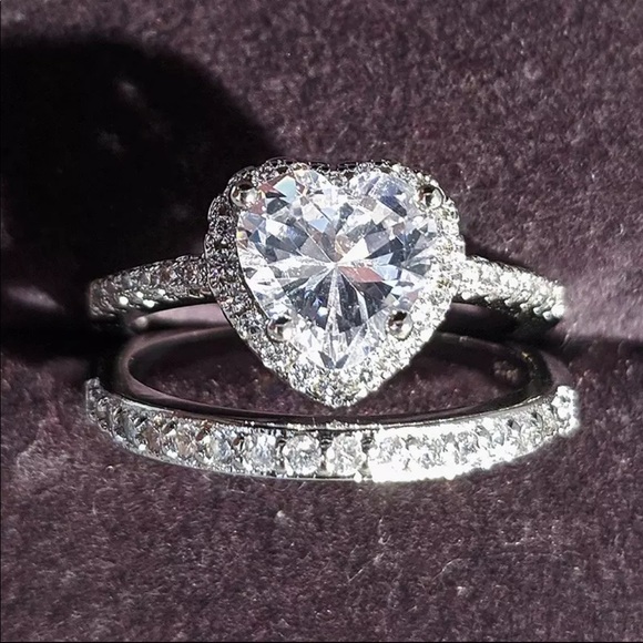 Heart ring sterling silver 925 2 PCS set luxury cubic zirconia women jewelry - Picture 1 of 2